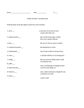 Preview of Simple Machines Vocabulary Quiz