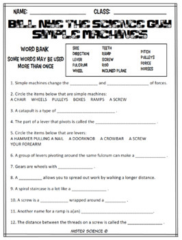 bill nye simple machines worksheet physics jr high middle school tx teks