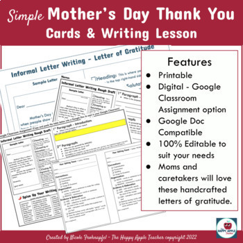 Preview of Simple Mother's Day Thank You Letter-Card & Writing Lesson Printable & Editable