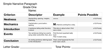 Preview of Simple Narrative Paragraph Rubric Grade One