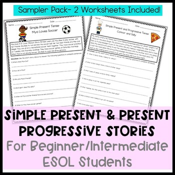 Preview of Simple Present & Present Progressive Stories & Writing Practice Sampler- Freebie