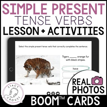 Preview of Simple Present Tense Verbs Speech Therapy BOOM™ CARDS Teletherapy