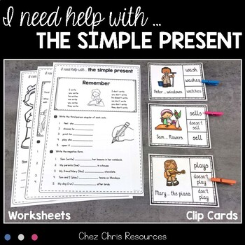 Preview of Simple Present Worksheets and Clothespin Clip Cards