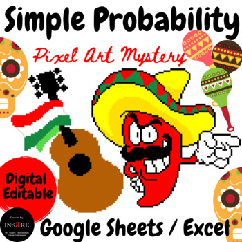 Preview of Simple Probability Cinco de Mayo Math Pixel Art Mystery Picture Editable DIGITAL