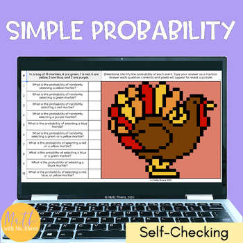 Preview of Simple Probability Thanksgiving Pixel Art Digital Self Checking for Pre Algebra