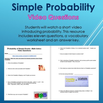Preview of Simple Probability Video Guide Questions & Vocabulary Distance Learning