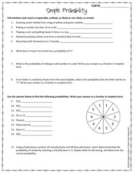 Simple Probability Worksheet - Aligned to CCSS 7.SP.C.5 and 7.SP.C.7.A