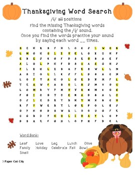 Thanksgiving Articulation Word Search /l/ Freebie by Paper Cut City