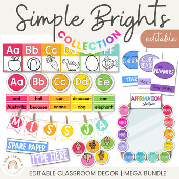 Preview of Simple Rainbow Brights Classroom Decor Bundle | EDITABLE
