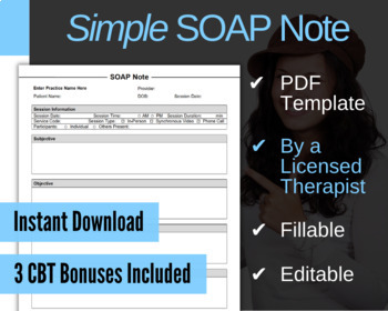 Preview of Simple SOAP Note Template for Therapists, PDF - Fillable & Editable, Printable