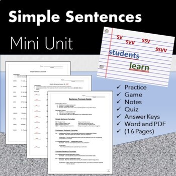 Preview of Simple Sentence Structure Mini Unit with Practice, Quiz, and Game
