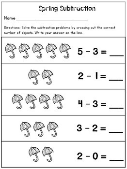 simple spring subtraction worksheets kindergarten numbers 0 5 tpt