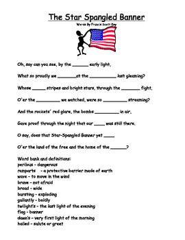 Preview of Simple Star-Spangled Banner Sheet  Word Bank & Definitions