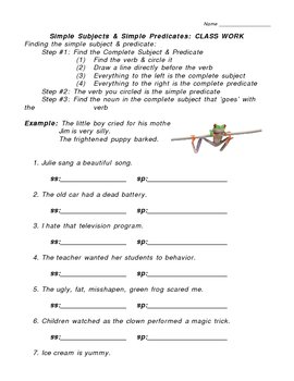 Simple Subject Predicate Classwork Worksheet By A G Tpt
