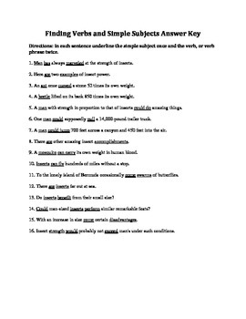 finding verbs and simple subjects worksheet with answer key by mrs zark