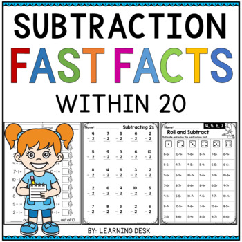 Preview of Simple Subtraction Fast Facts Fluency to 20 Worksheets Kindergarten First Grade