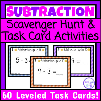 Preview of Basic Subtraction Task Cards Write the Room Subtraction Scavenger Hunt Math Fact