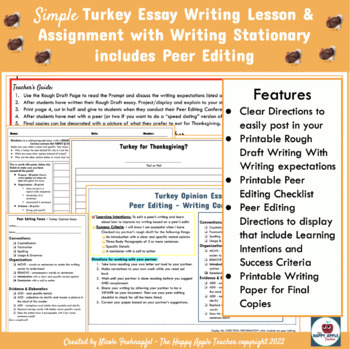 Preview of Simple Turkey Essay Writing Lesson for Thanksgiving Writing Stationary included