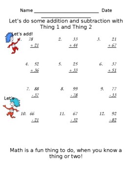 Preview of Simple Two Digits Addition and Subtraction with Thing 1 and Thing 2 (Dr. Seuss)