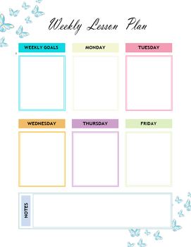 Preview of Simple Weekly Lesson Planning Sheet: Colorful Butterflies Type in Text Boxes Doc