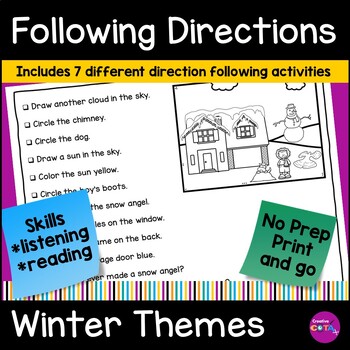 Preview of Following Directions for Listening Comprehension Skills Winter Coloring Pages
