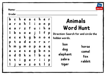 Simple Word Hunt game for grade 1-2 : Find the words| Animals|School|Objects