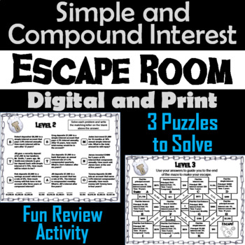 Preview of Simple and Compound Interest Activity: Algebra Escape Room Math Breakout Game