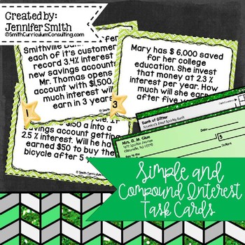 Preview of Simple and Compound Interest Task Cards- Color and Black and White Versions