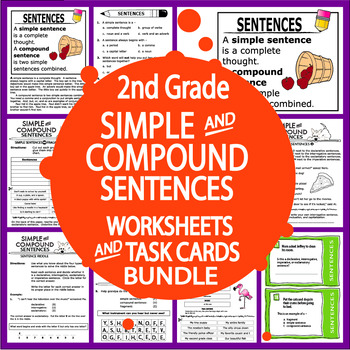 Preview of Simple & Compound Sentences Worksheets+Task Cards–2nd Grade Sentence Activities