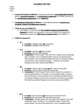 Preview of Simple and Compound Sentences and Independent and Dependent Clause Guided Notes