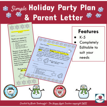 Preview of Simple and FUN Holiday Classroom Party Plan Activity & Parent Notes - EDITABLE