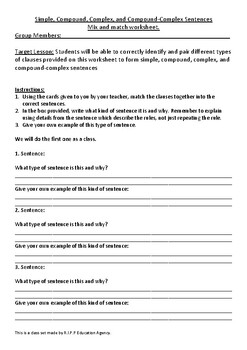 Preview of Simple, compound, complex and Compound- Complex Sentences mix and match activity