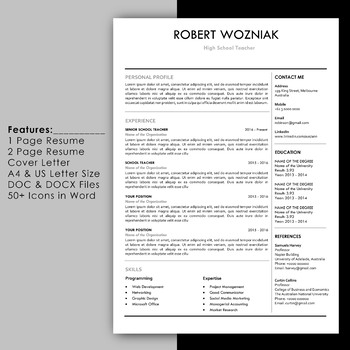 Simple Teacher Resume Template With Cover Letter And Reference Page