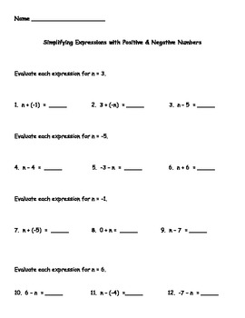 simplfying expressions using positive and negative numbers worksheet