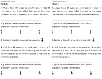 Simplificar fracciones activity for 5to