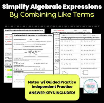 Preview of Simplify Algebraic Expressions | Combine Like Terms | Notes and Worksheet 7.EE.1