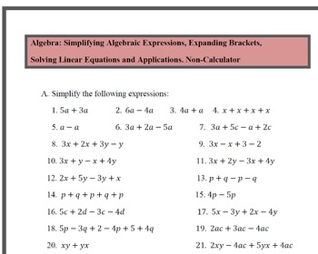 Preview of Simplify Algebraic Expressions, Expand Brackets, Solve Equations,  Applications.