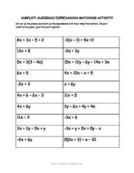 Simplify Algebraic Expressions Matching Activity by Positively Pre