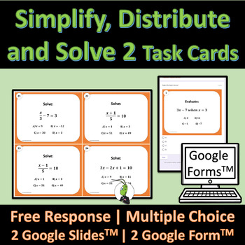 Preview of Simplify Expressions and Solve Equations #2 Algebra Task Cards Google