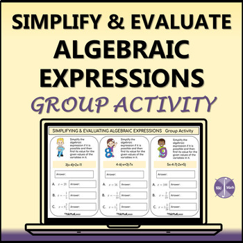 Preview of Simplify & Evaluate Algebraic Expressions- 12 Cards with 3 subtasks (for 1 to 3)