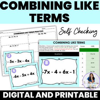 Preview of Simplify Expressions Combine Like Terms Digital Quiz Task Cards Printable Review