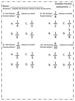 simplify fraction assessments 5 multiple choice