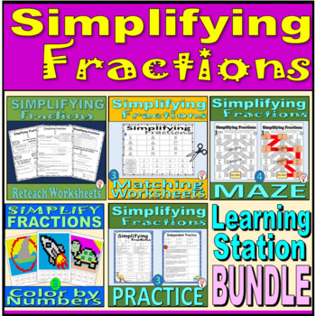 Preview of Simplify Fractions BUNDLE - Learning Station Resource Pack