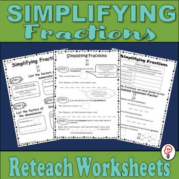 Preview of Simplify Fractions - Reteach Worksheets