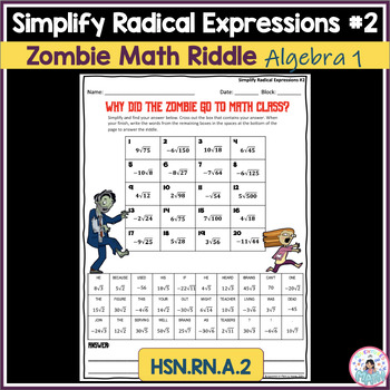 Preview of Simplify Radical Expressions (Square Roots) #2 Zombie Math Riddle Activity