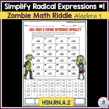 Preview of Simplify Radical Expressions (Square Roots) #1 Zombie Math Riddle Activity