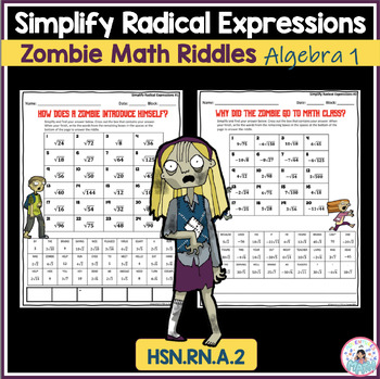 Preview of Simplify Radical Expressions (Square Roots) Zombie Math Riddle Activities