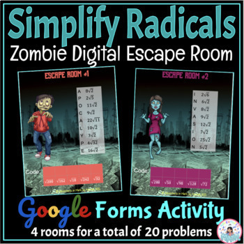 Preview of Simplify Radicals (Square Roots) Zombie Activity - Digital Math Escape Room