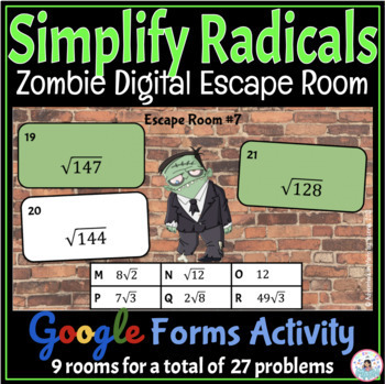 Preview of Simplify Radicals Zombie Digital Math Escape Room Activity - Google