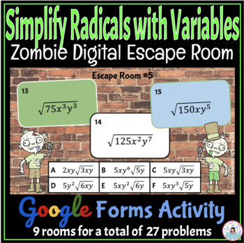 Preview of Simplify Radicals with Variables Zombie Digital Math Escape Room Activity